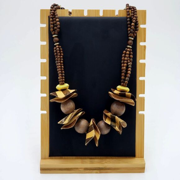 Wood Banded Striped Discs Round Beads Necklace Chunky Vintage Clasp Gold Tone - Picture 3 of 10